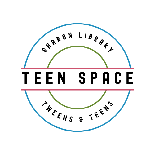 Logo with the words Sharon Library Tweens & Teens in a circle, and Teen Space in bold letters across the center. The design uses blue, green, and red lines on a white background.