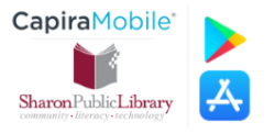 CapiraMobile logo, Google Play and Apple App Store icons, and Sharon Public Library logo with the words community, literacy, technology.