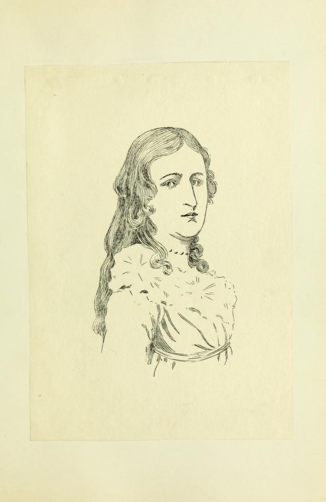 A black and white sketch of a young person with long, wavy hair, wearing a ruffled top and looking slightly to the side, set against a plain background.