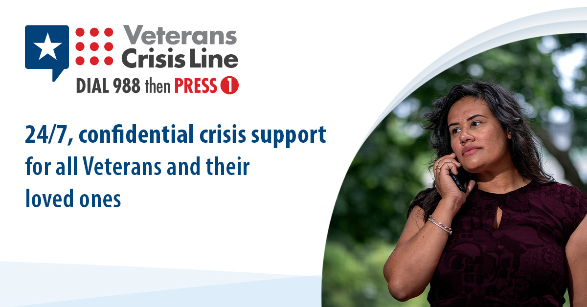 A woman stands outside talking on a cellphone. Text reads: Veterans Crisis Line. Dial 988 then Press 1. 24/7, confidential crisis support for all Veterans and their loved ones.