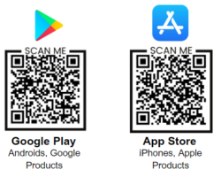 Two QR codes: the left one under the Google Play logo for Androids and Google products, the right one under the App Store logo for iPhones and Apple products. Both say SCAN ME.