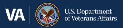 Logo for the U.S. Department of Veterans Affairs, featuring the VA initials, the department seal with an eagle and American flag, and the text U.S. Department of Veterans Affairs on a blue background.