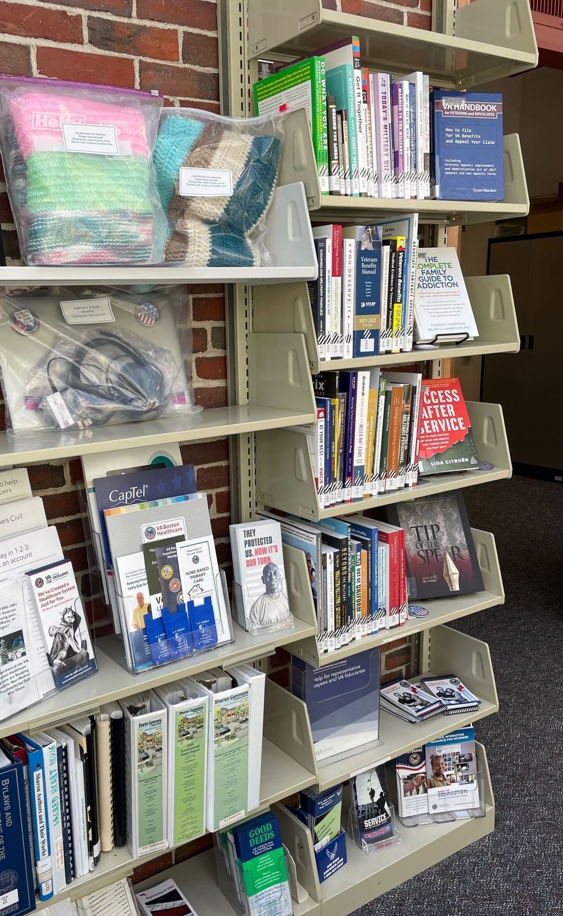 Library shelves with assorted books, pamphlets, brochures, binders, and two bags of yarn. Book topics include business, government, and service access. Materials are organized and displayed against a brick wall.